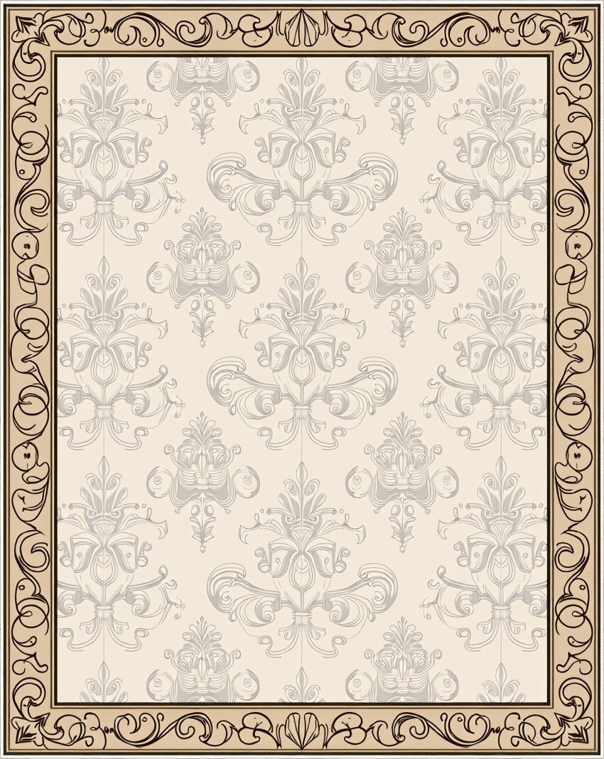 Ornate Beige Damask Scroll Border Rug
