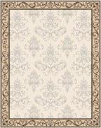 Ornate Beige Damask Scroll Border Rug