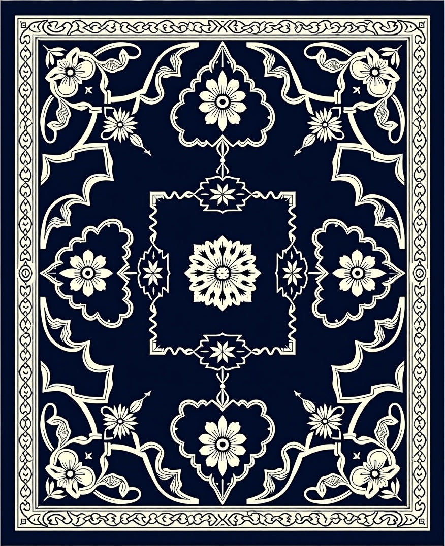Elegant Navy Cream Floral Medallion Rug