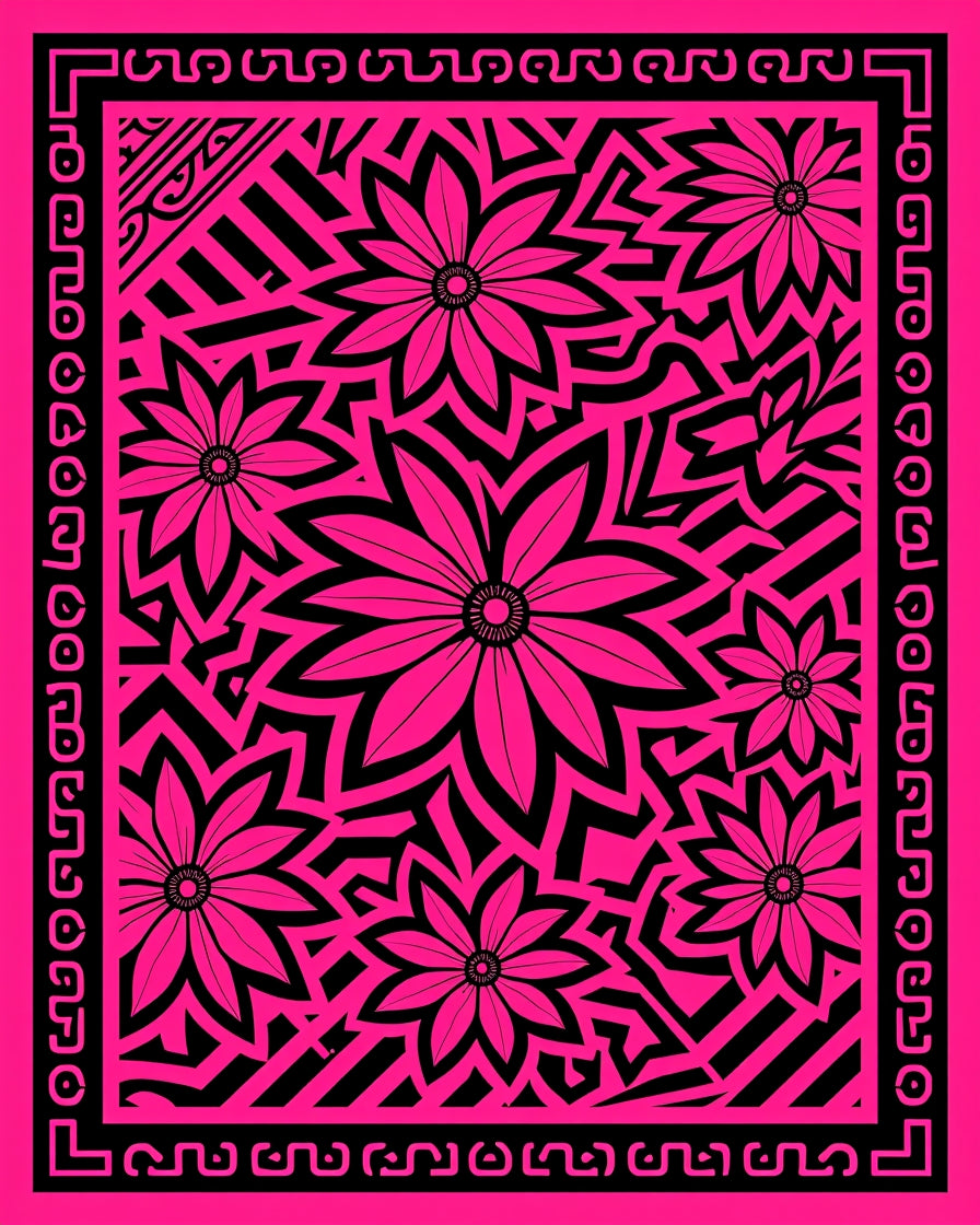 Vibrant Pink Floral Abstract Geometric Rug