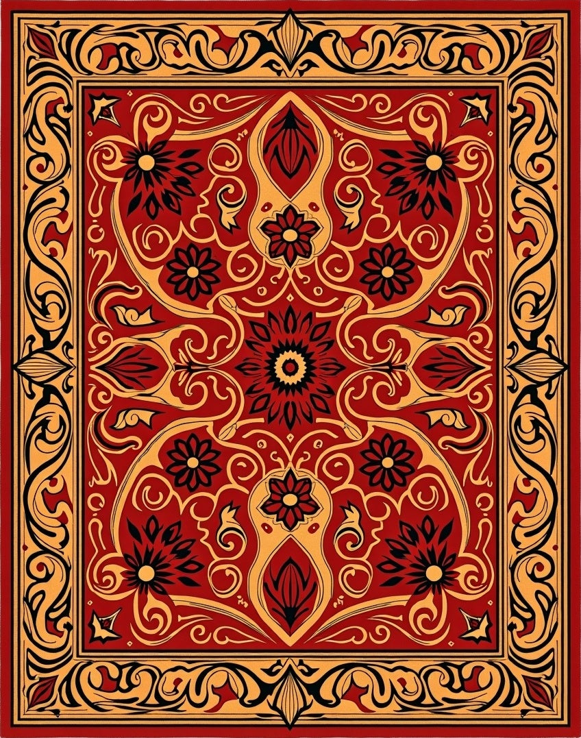 Crimson and Gold Floral Symmetry Rug