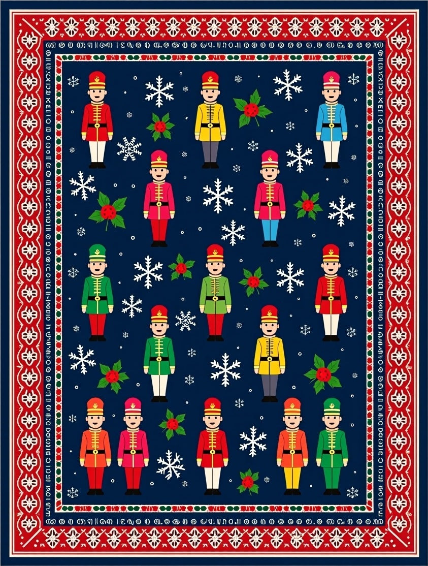 Christmas Nutcracker Soldier Snowflakes Red Border Rug
