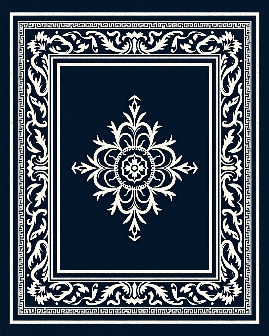 Classic Navy White Ornamental Medallion Rug