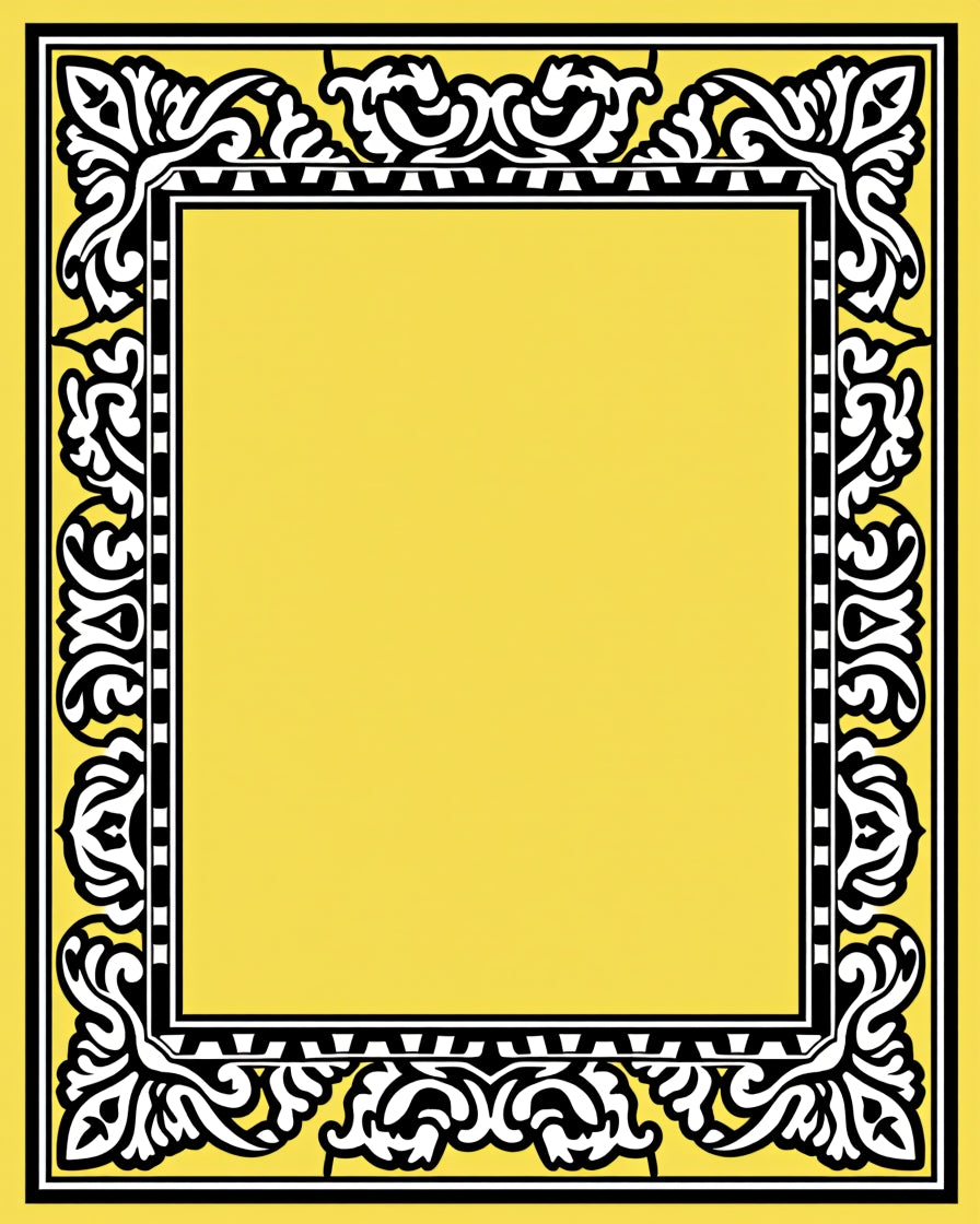 Yellow Black White Ornate Border Rug