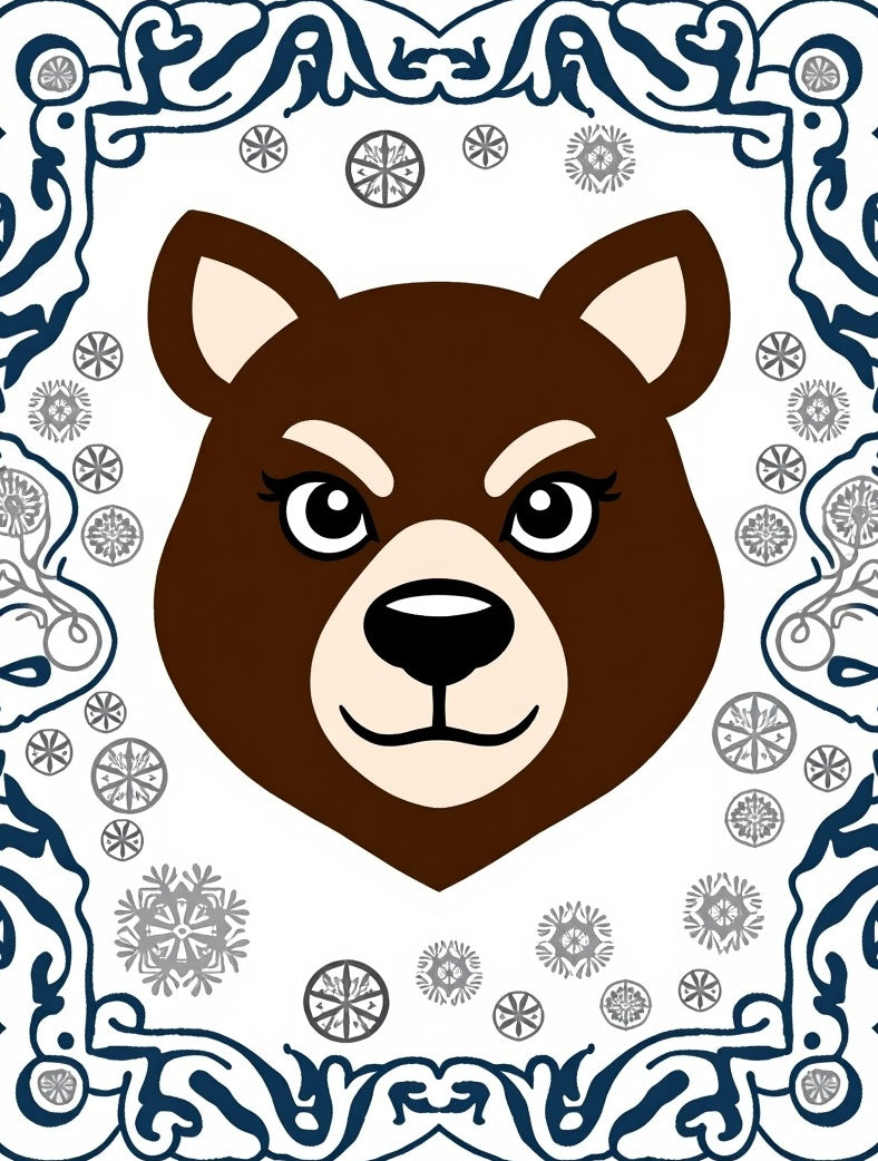 Charming Brown Bear With Snowflakes Border Rug