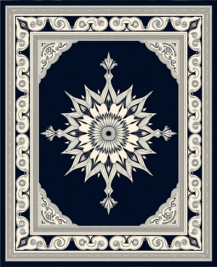 Navy Cream Intricate Floral Medallion Rug