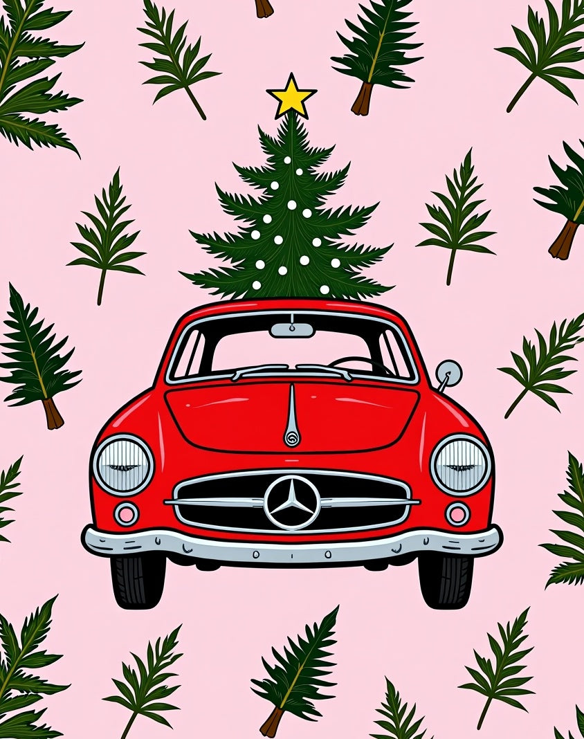 Red Vintage Car Christmas Tree Collection Rug