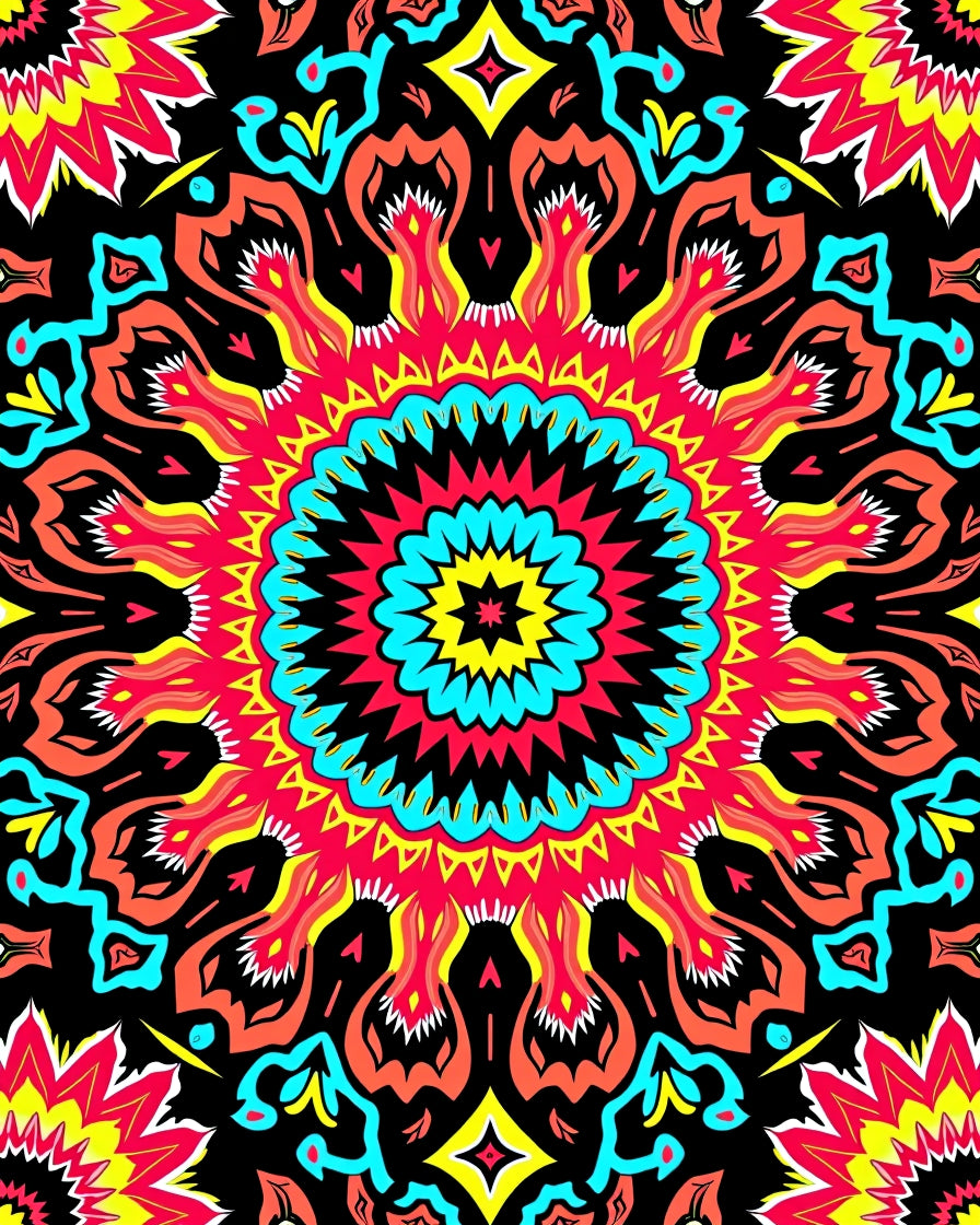 Vibrant Crimson Teal Sunburst Mandala Rug
