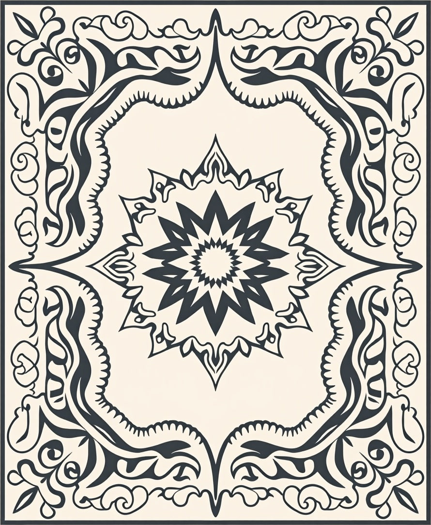 Elegant Ivory Black Floral Medallion Rug