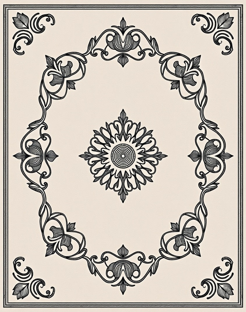 Cream Colored Floral Medallion Frame Rug