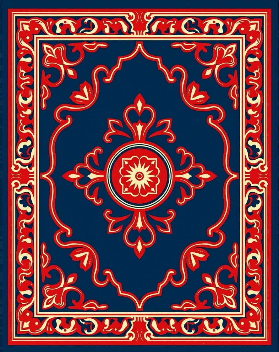 Royal Blue Red Floral Medallion Frame Rug