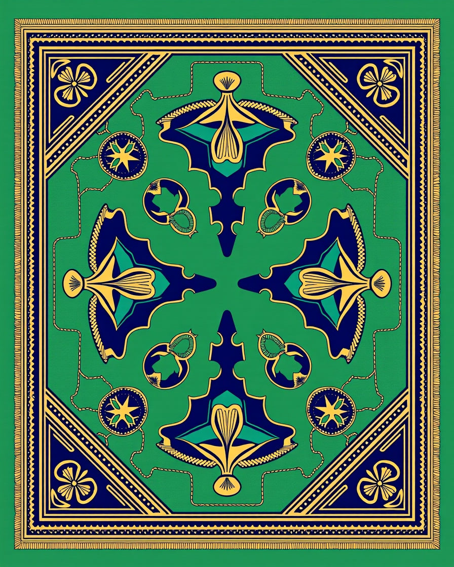 Emerald Blue Gold Symmetry Scroll Rug