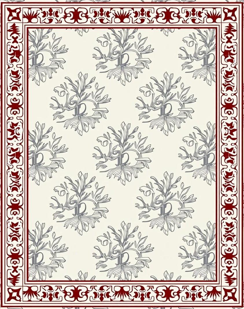 Crimson Bordered Floral Garland Rug