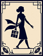Art Deco Navy Woman Shopping Silhouette Rug