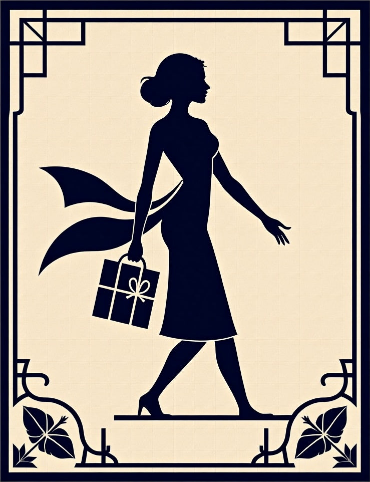 Art Deco Navy Woman Shopping Silhouette Rug