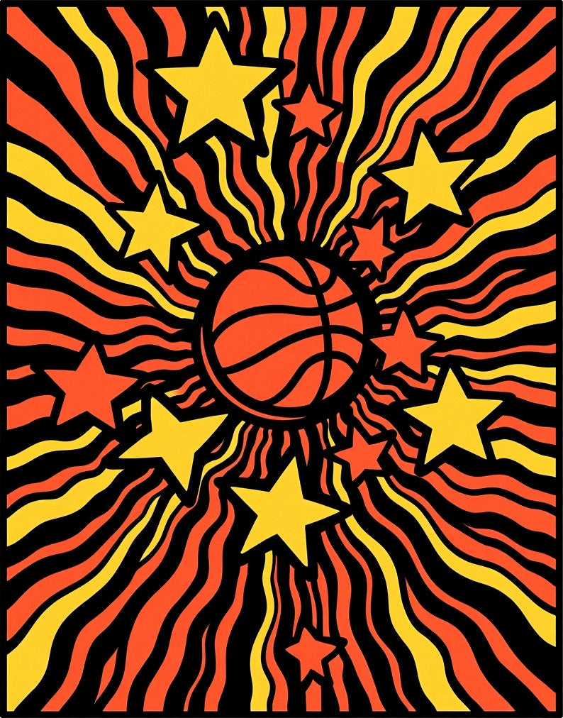 Retro Orange Yellow Burst Basketball Stars Rug