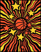 Retro Orange Yellow Burst Basketball Stars Rug