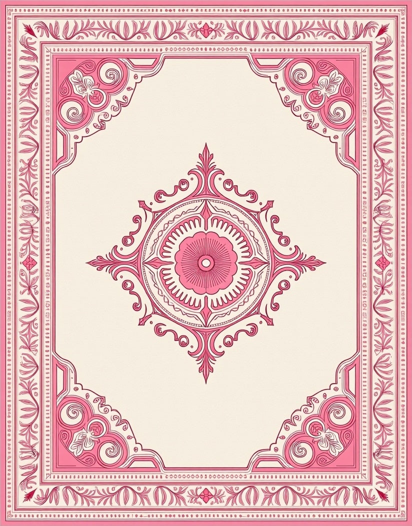 Ornate Rose Pink Medallion Border Rug