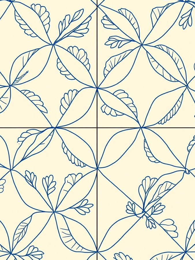 Cream Blue Botanical Petal Arrangement Rug