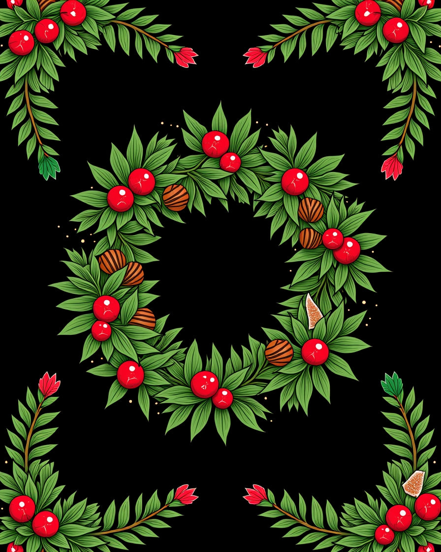 Green Leaf Red Berry Wreath Rug