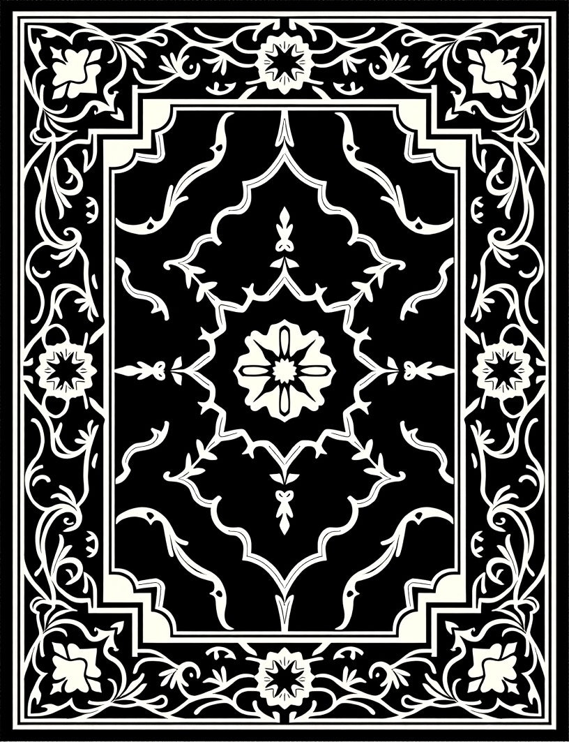 Classic Black White Floral Medallion Border Rug