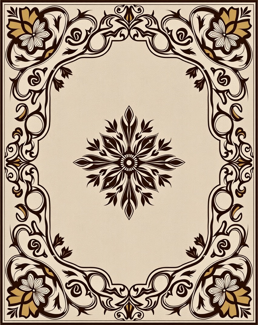 Cream Brown Floral Scroll Medallion Rug