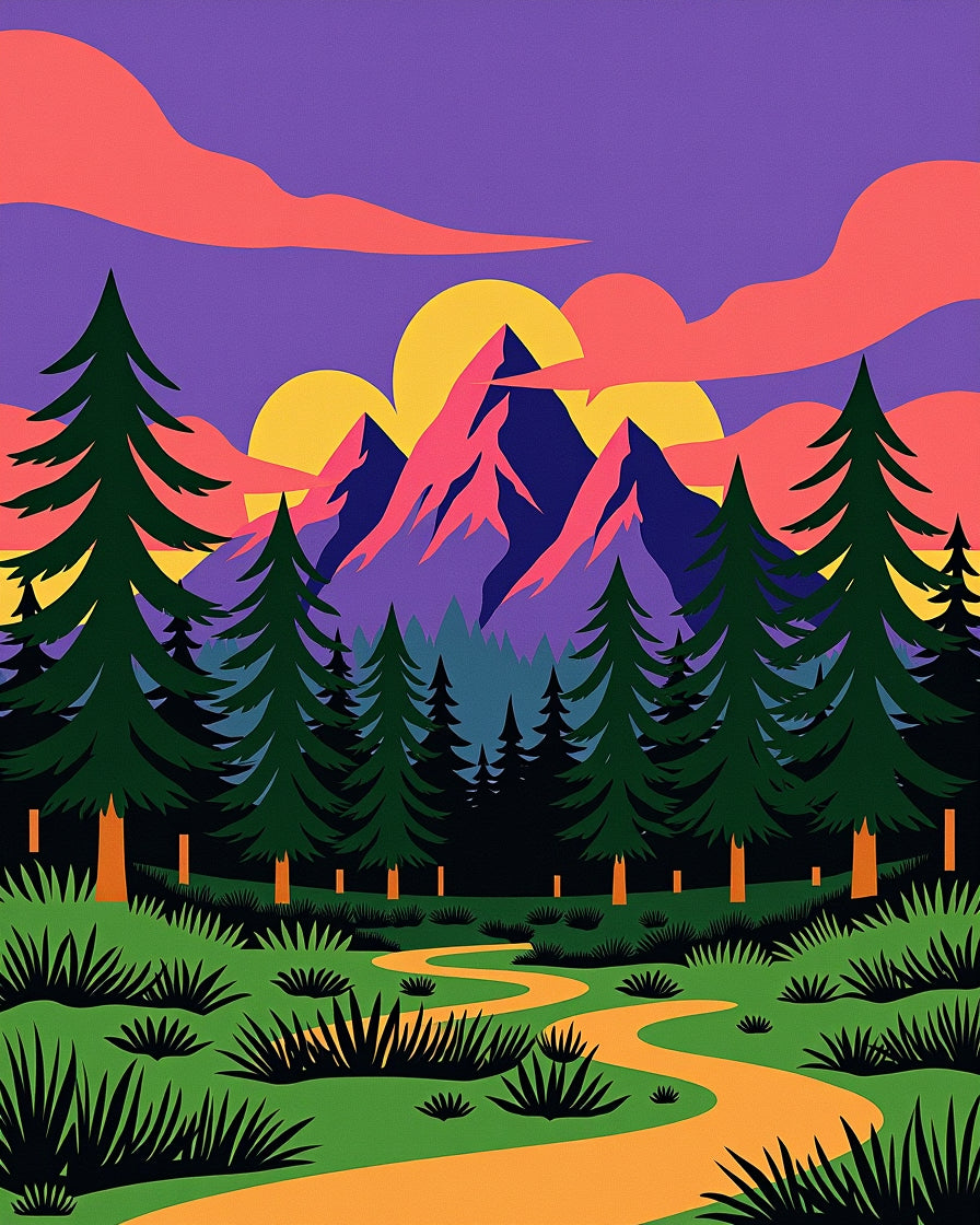 Crimson Sunset Forest Mountain Path Rug