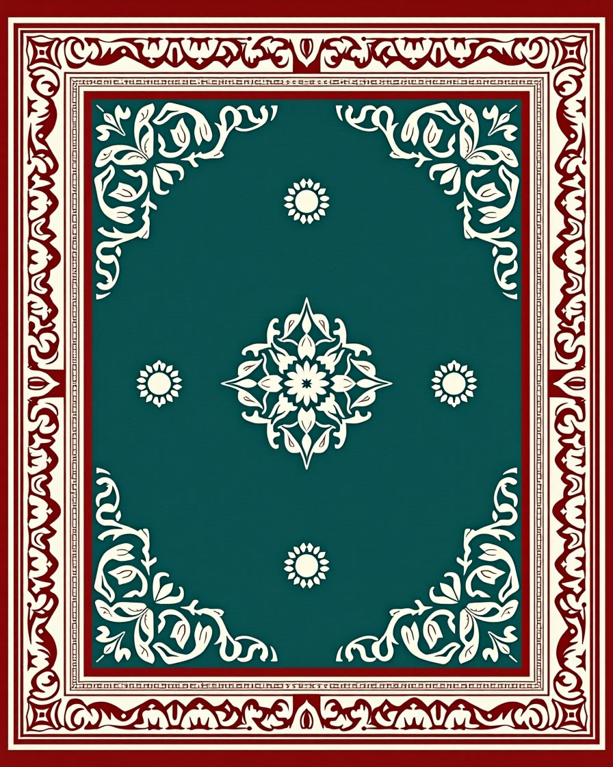 Teal Medallion Bordered Oriental Layout Rug