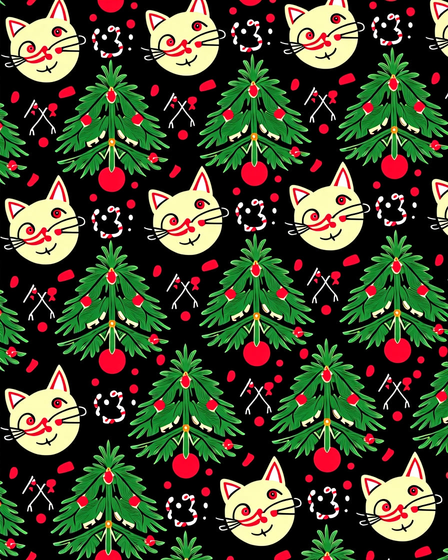 Festive Yellow Cat Christmas Tree Rug