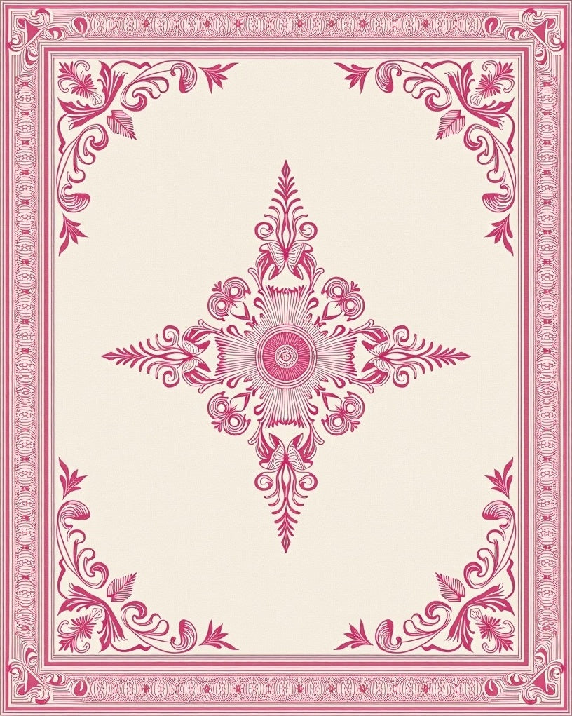 Ornate Pink Floral Medallion Border Rug