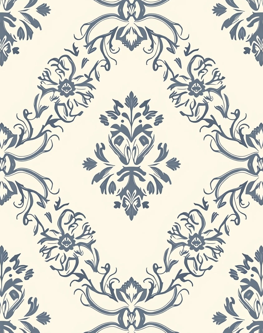 Cream And Navy Damask Medallion Rug