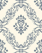 Cream And Navy Damask Medallion Rug