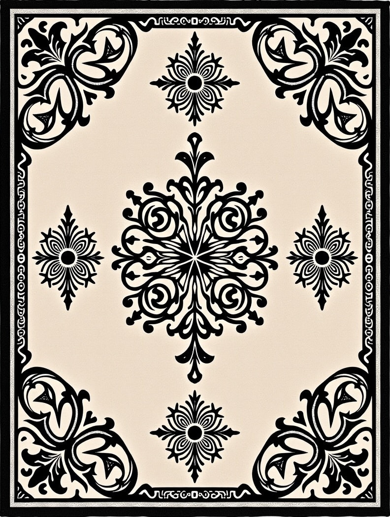 Ornate Black Cream Scrollwork Medallion Rug