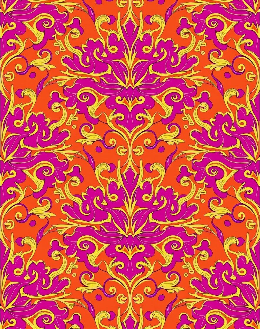 Vivid Magenta Yellow Floral Damask Rug