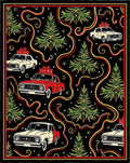 Festive Red Cream Car Christmas Scene Rug