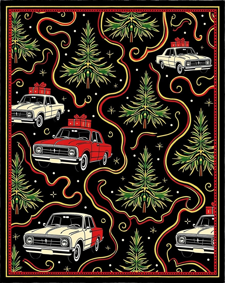 Festive Red Cream Car Christmas Scene Rug