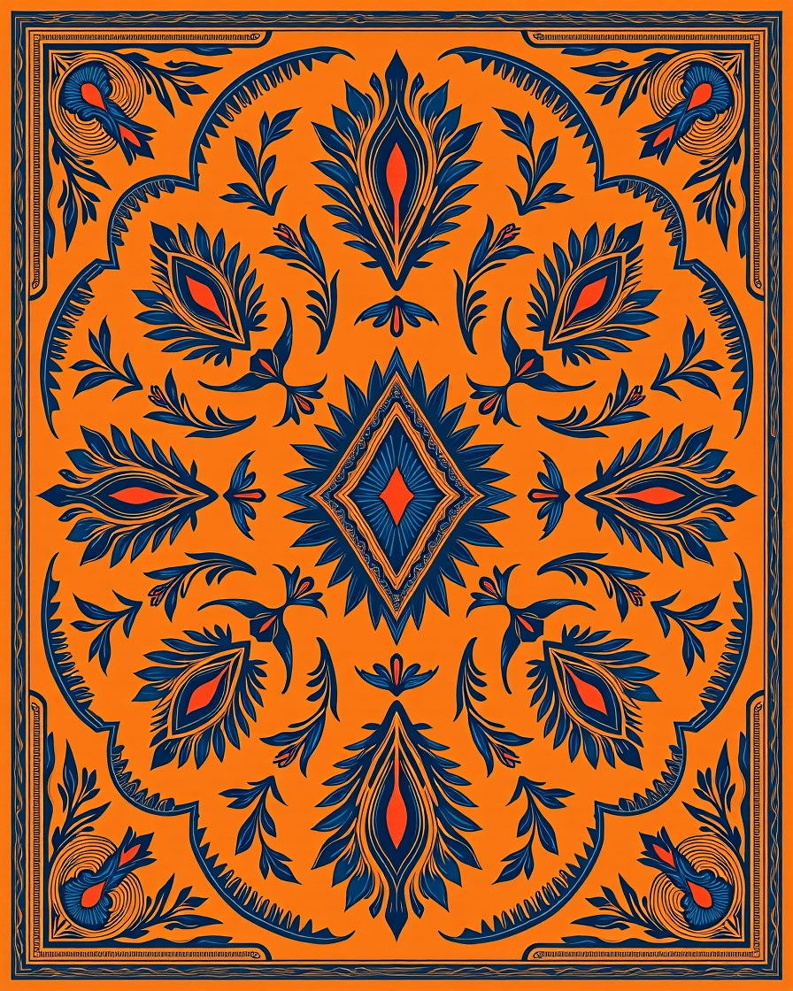 Bold Orange Blue Symmetrical Floral Diamond Rug