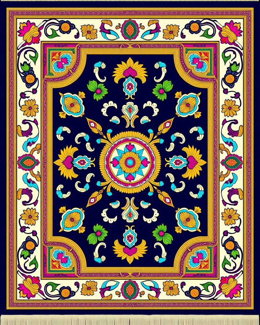 Vibrant Blue Floral Medallion Border Rug
