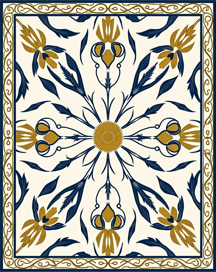 Golden Navy Floral Medallion Border Rug