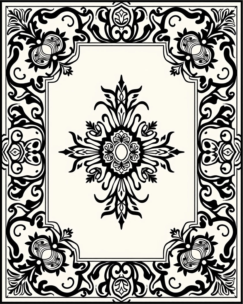 Classic Black and Cream Floral Scroll Rug