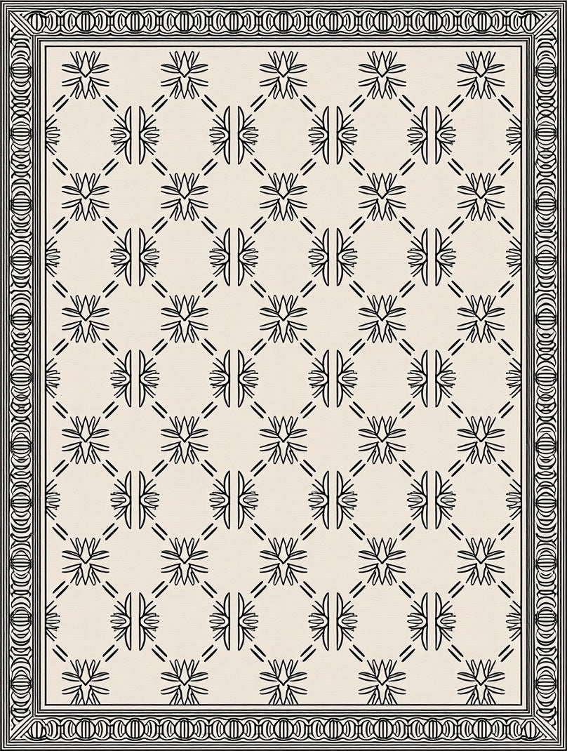 Minimalist Cream Floral Diamond Border Rug