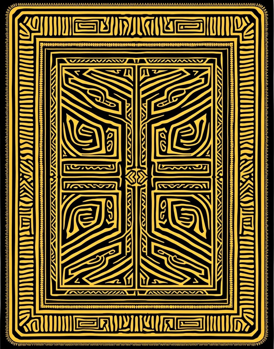 Golden Black Abstract Maze Rug