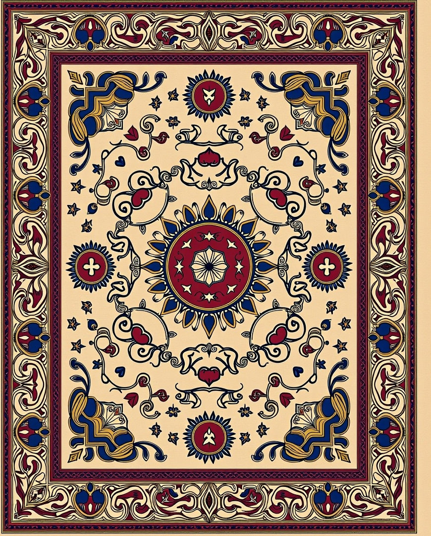Ornate Crimson Blue Medallion Borders Rug