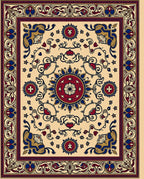 Ornate Crimson Blue Medallion Borders Rug