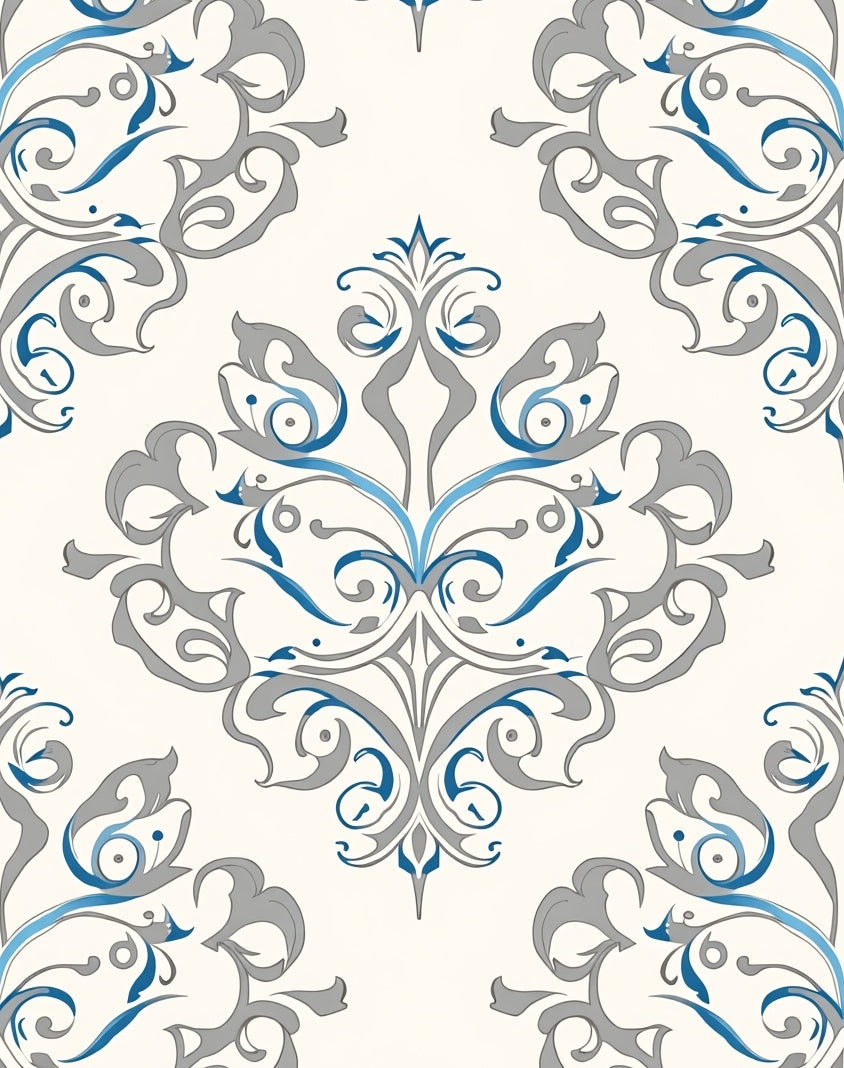 Cream gray blue ornate medallion Rug