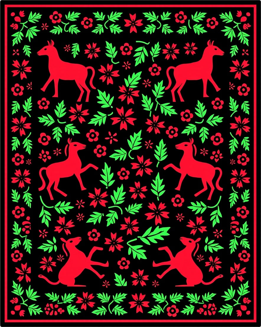 Vibrant Red Green Animal Floral Border Rug