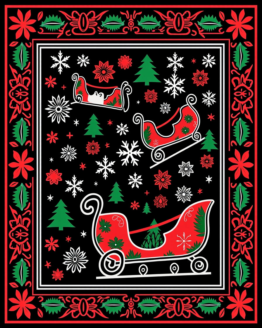 Classic Red Green Sleigh Snowflakes Rug