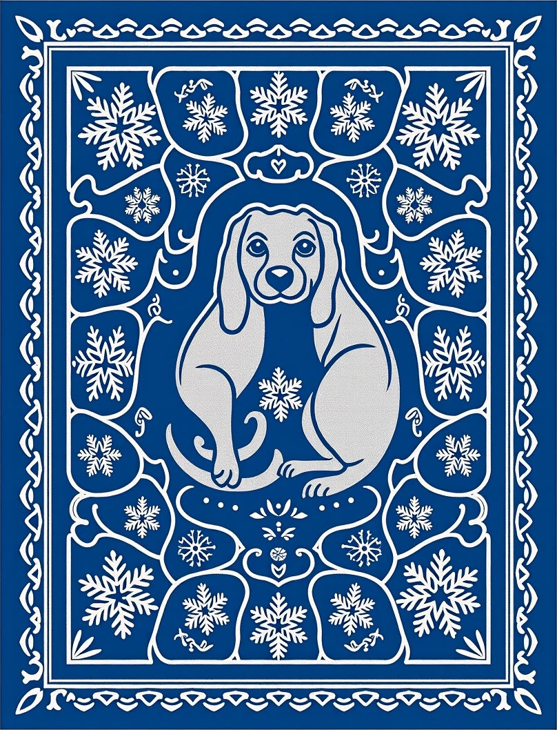 Blue Silver Festive Dog Snowflake Border Rug