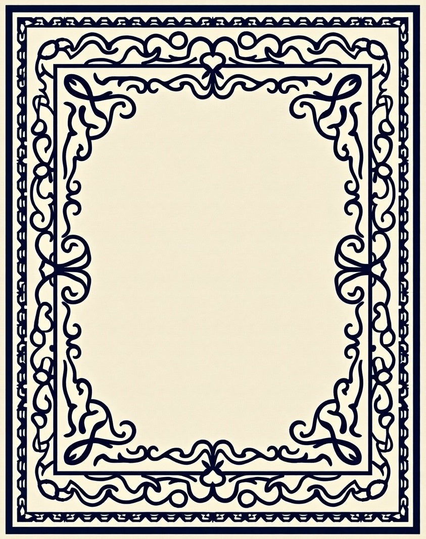 Dark Blue Ornate Scroll Border Rug