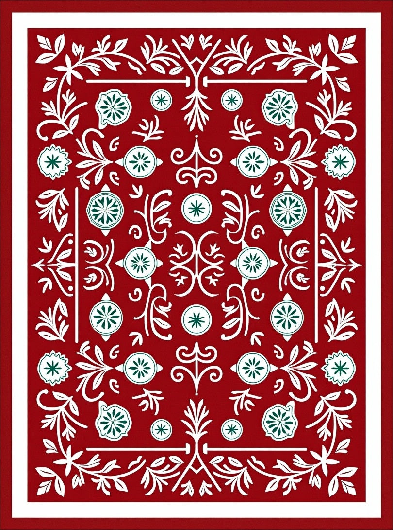 Red White Green Floral Medallion Rug